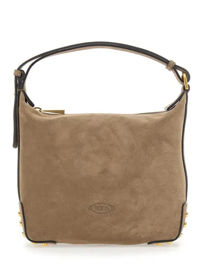 Tod's Tod`s Suede Top-handle Handbag With Metal Stud Detail And Zip Closure, 21x24x8 Cm In Beige