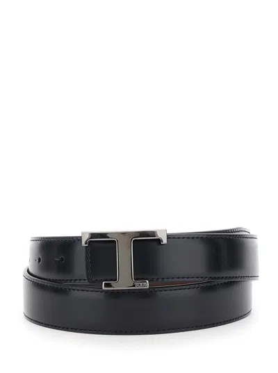 Tod's Black Belt With Adjustable Buckle Closure And T Logo Plaque In Leather Man
