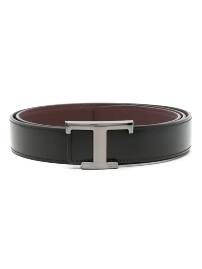 Tod's T-buckle Reversible Leather Belt In Black