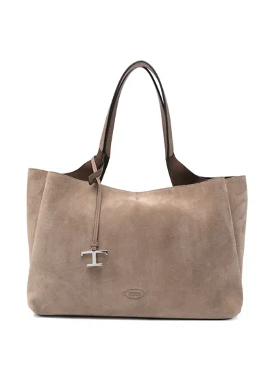 Tod's T Logo Charm Tote Bag In Brown