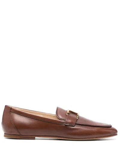 Tod's T-logo Leather Loafers In Brown