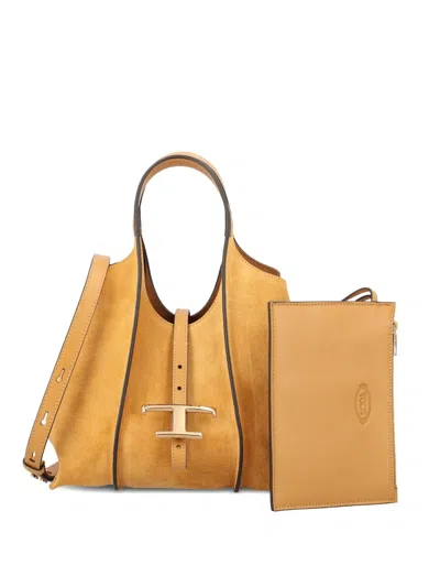 Tod's T-logo Suede Leather Shoulder Bag In Yellow