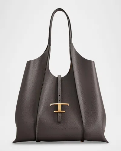 Tod's T Pendant Leather Shopper Tote Bag In Gray