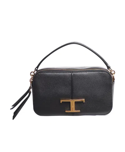 Tod's T-plaque Leather Tote Bag In Black