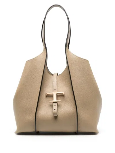 Tod's T-plaque Leather Tote Bag In Neutrals