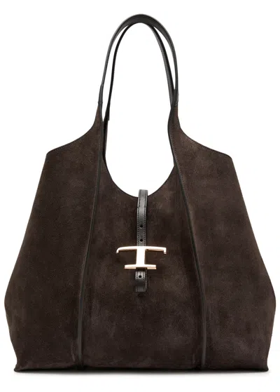 Tod's Tods T-plaque Suede Medium Top Handle Bag In Brown