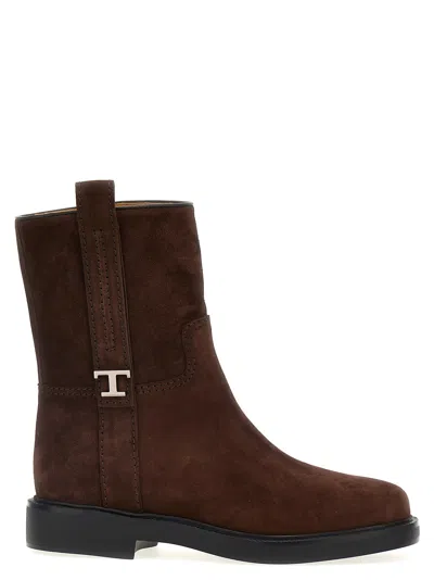 Tod's Round Toe Ankle Boots With Side Buckle In Brown
