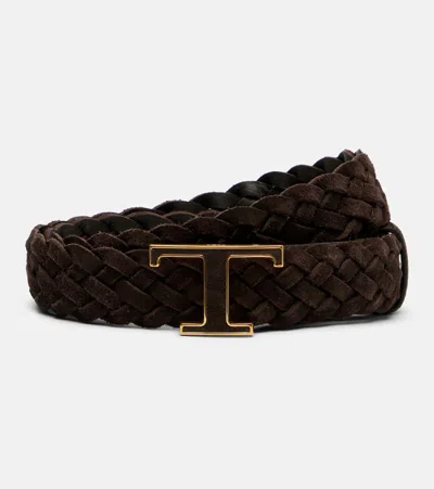 Tod's T Timeless Braided Suede Belt In Brown