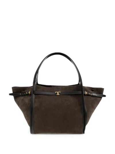 Tod's Borsa Shopping T Signature In Pelle Scamosciata Media In Brown