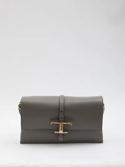Tod's T Timeless Flap Bag In Leather In Gray