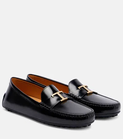 Tod's Leather Loafers With Metal Logo Plate In Black