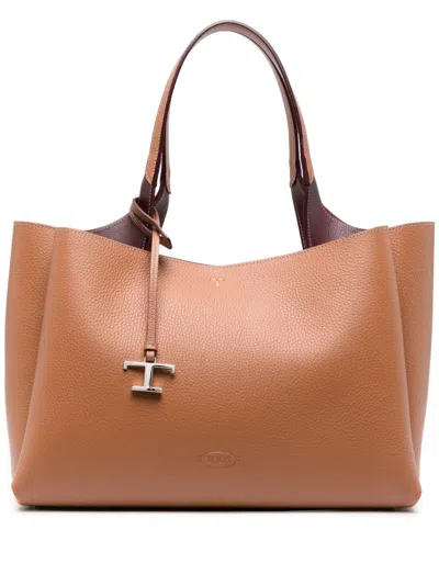 Tod's T Timeless Leather Tote Bag In Brown For Women
