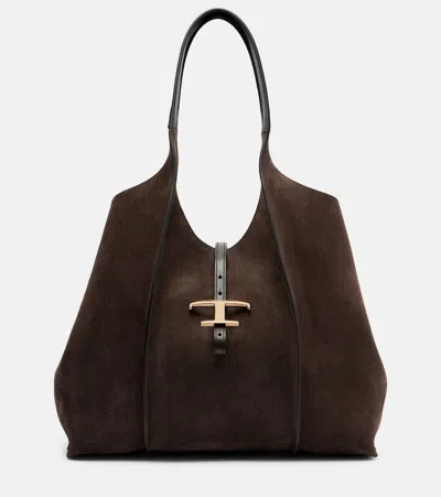 Tod's T Timeless Medium Suede Tote Bag In Brown