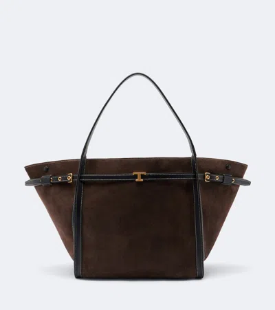 Tod's Medium T Signature Suede Shopping Bag In Brown