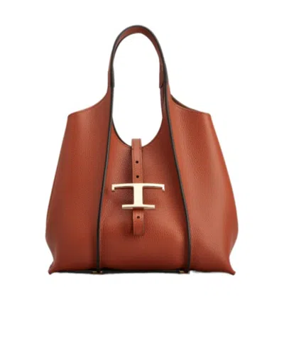 Tod's T Timeless Mini Leather Shopping Shoulder Bag In Brown