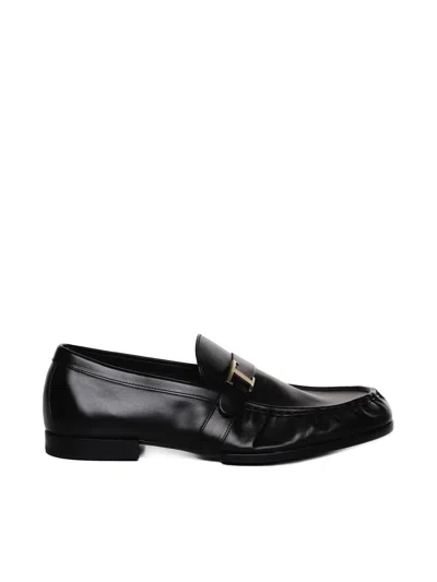 Tod's Leather Loafers With Strap And Logo In Negro