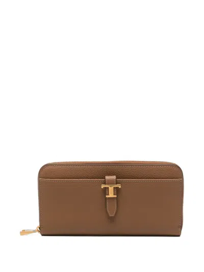 Tod's T Timeless Pebbled Leather Wallet In Brown