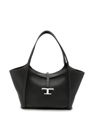 Tod's T Timeless Pebbled-leather Tote Bag In Black