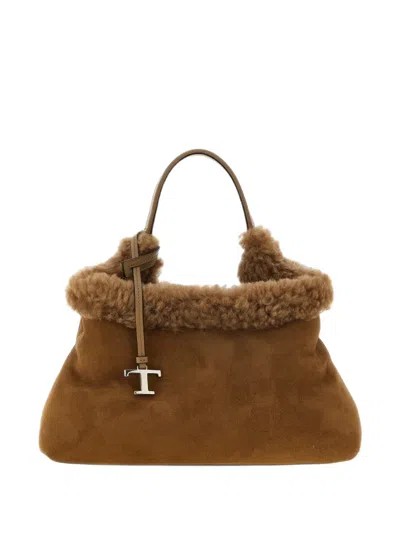 Tod's T Timeless Shearling-trim Tote Bag In Brown
