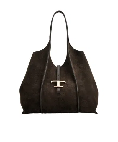 Tod's T Timeless Shopping Bag In Suede Medium In Black