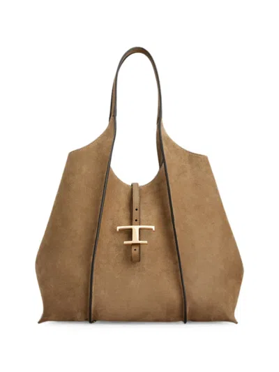 Tod's T Timeless Shopping Bag In Suede Medium In Brown
