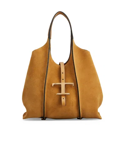 Tod's T Timeless Shopping Bag In Suede Mini In Brown