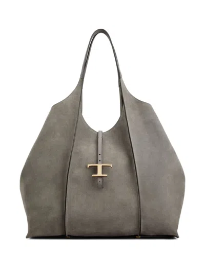Tod's T Timeless Shopping Bag In Leather Medium In Grey