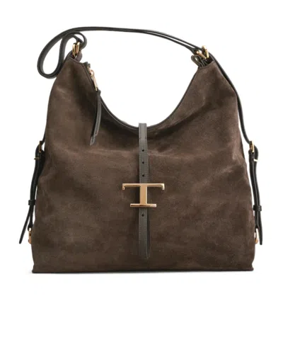 Tod's T Timeless Shoulder Bag In Suede Medium In Brown