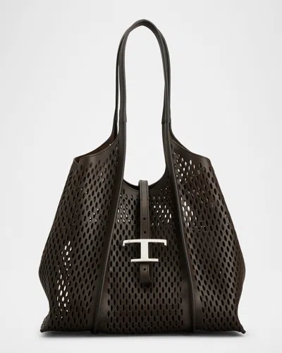 Tod's T Timeless Small Perforated Leather Tote Bag In Marrone Africa