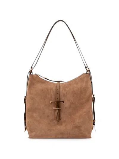 Tod's T Timeless Small Suede Shoulder Bag In Brown