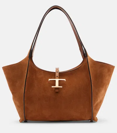 Tod's T Timeless Small Suede Tote Bag In Brown