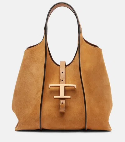 Tod's T Timeless Small Suede Tote Bag In Sand