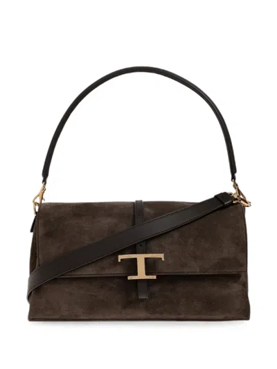 Tod's Tracollina Mosch Small Leather-trimmed Suede Shoulder Bag In Brown