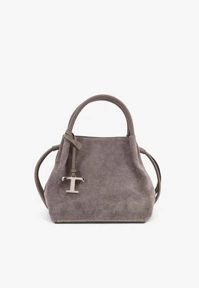 Tod's T Timeless Suede Shoulder Bag In Gray
