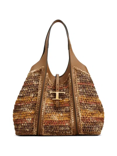 Tod's T Timeless Shopping Bag In Leather And Raffia Medium In Brown