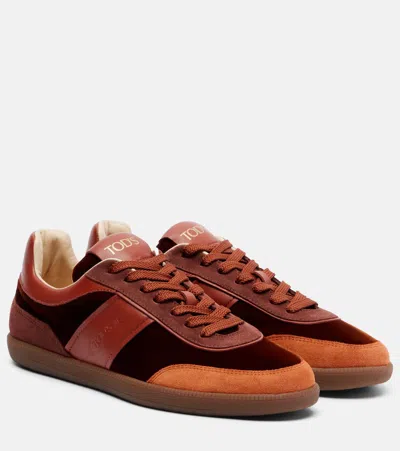 Tod's Tabs Leather-trimmed Velvet Sneakers In Brown