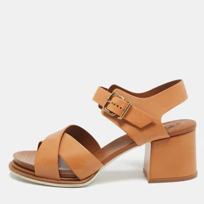 Pre-owned Tod's Tan Leather Criss Cross Ankle Strap Sandals Size 39.5