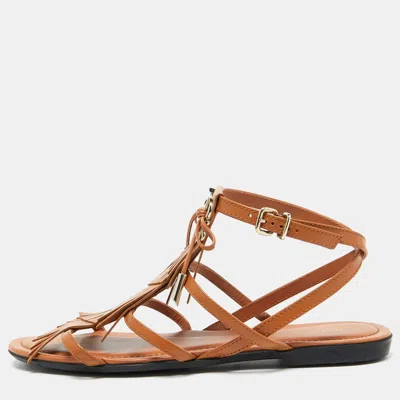 Pre-owned Tod's Tan Leather Fringe Logo Bow Flat Sandals Size 38.5