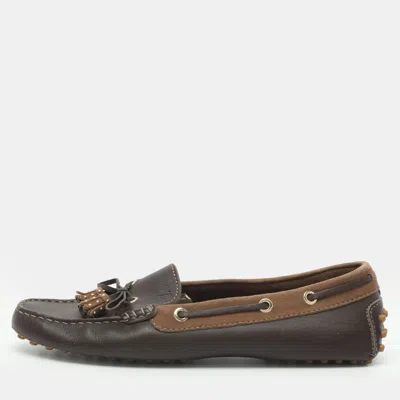 Pre-owned Tod's Tassel Bow Size 38.5 Brown Leather And Suede Loafers
