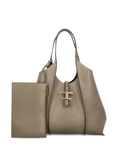 Tod's Taupe T Timeless Medium Tote In Gray