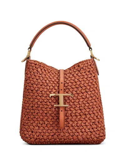 Tod's T Timeless Bucket Bag In Raffia And Leather Mini In Orange