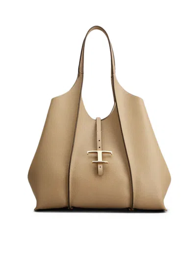 Tod's T Timeless Shopping Bag In Leather Medium In Beige