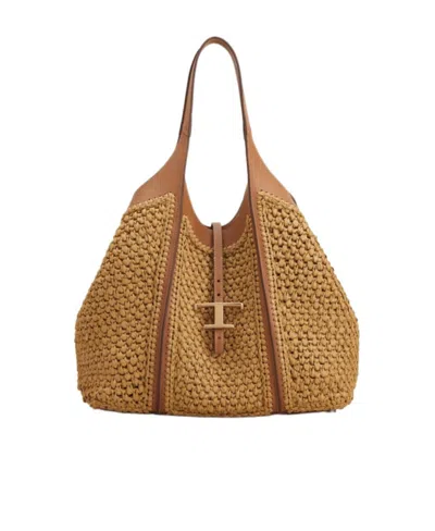 Tod's Timeless Raffia Tote Bag In Brown