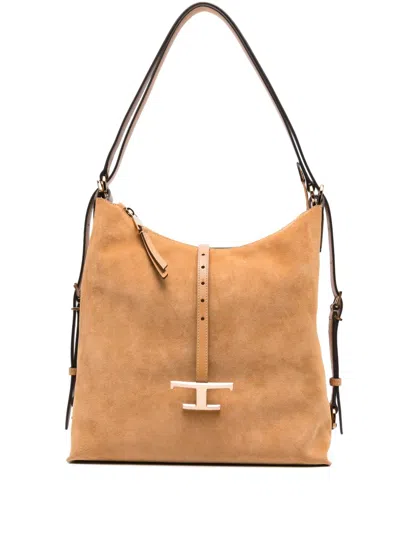 Tod's Timeless Suede T-buckle Shoulder Bag In Brown