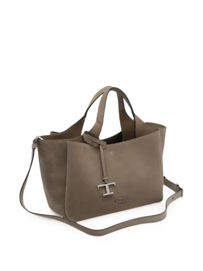 Tod's T-logo Suede Tote Bag In Neutrals