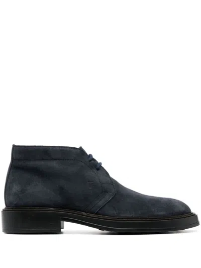 Tod's Almond Toe Front Lace-up Flat Shoes In Midnight Blue Suede In Black