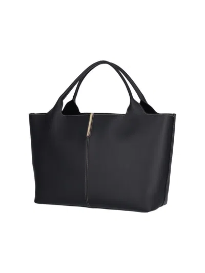 Tod's Black Shopper With Two Top Handles And Metal Bar With Logo In Leather Woman