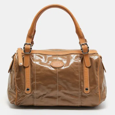 Tod's /beige Coated Canvas And Leather G-bag Easy Sacca Satchel In Brown