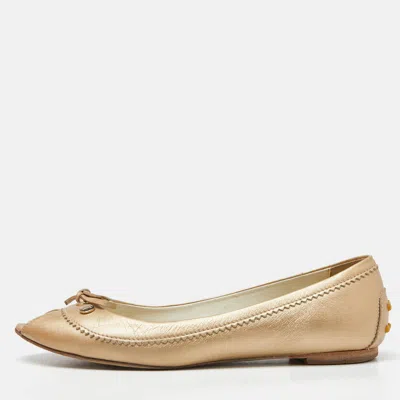 Tod's Beige Leather Bow Peep Toe Ballet Flats In Gold
