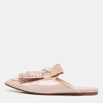 Tod's Beige Patent Studded Double T Mules In Sand